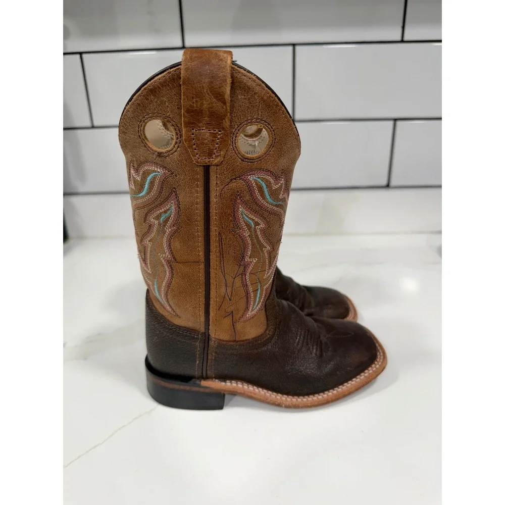 Old West Kids Brown Leather Square Toe Western Cowboy Boots BSC1819 Size 10.5 D